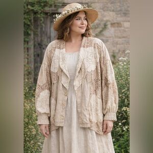 Vintage Linen Crochet Patchwork Jacket 3X 4X, Cottagecore Embroidered